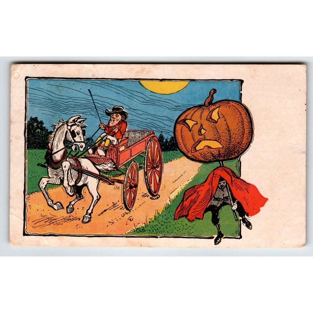 Halloween Postcard White Horse Carriage Buggy Coach JOL Pumpkin Oct 31 Cancel